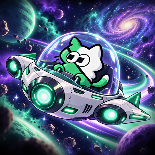 Fomocat piloting a mint-lit spaceship through a galaxy