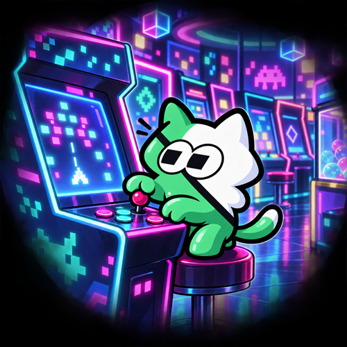 Fomocat playing a neon arcade machine