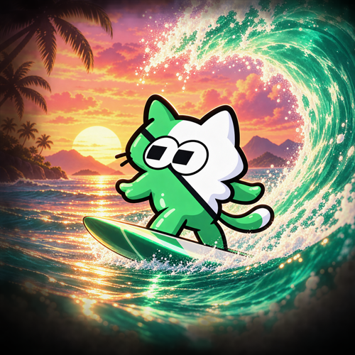 Fomocat surfing a giant mint wave at sunset